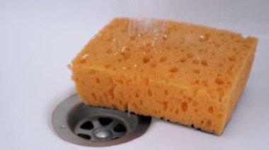 Temizlikçi Çamaşır deterjanı Portakal Süngeri 'nin üzerine serpiştirir. 4 bin. Yakın plan..