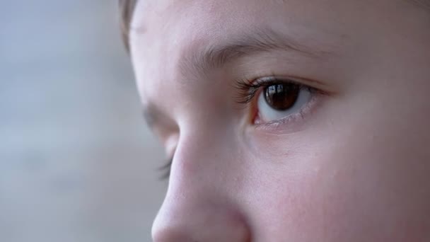 Παιδί με όμορφα παχιά, μακριά βλεφαρίδες ανοίγει και κλείνει τα μάτια. Πλευρική άποψη. 4K — Αρχείο Βίντεο