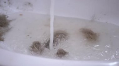 Su musluğundan akan su lavaboya akıyor. Saç, yün, çöp ile tıkanmış.