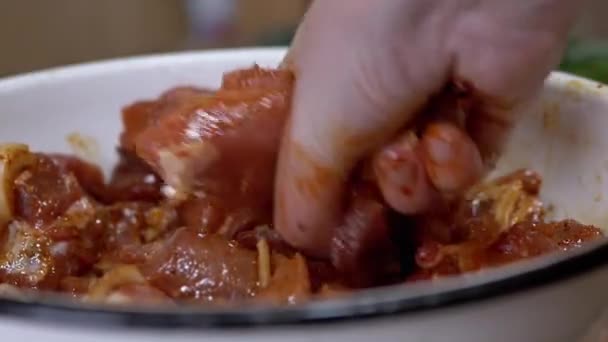 醤油とバーベキュー用のスパイスと金属ボウルに豚肉の作品をマリネ.4K — ストック動画