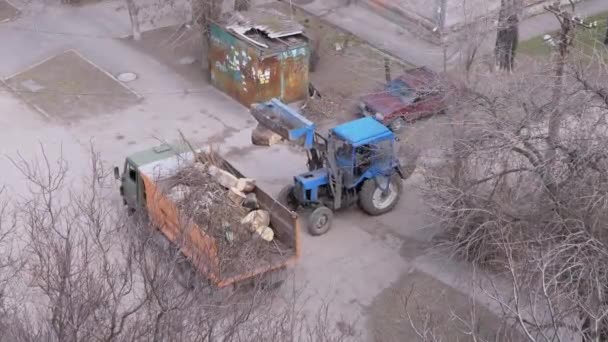 Trattore con grande secchio, carichi alberi tagliati, ceppi in un autocarro ribaltabile, camion. 4K — Video Stock