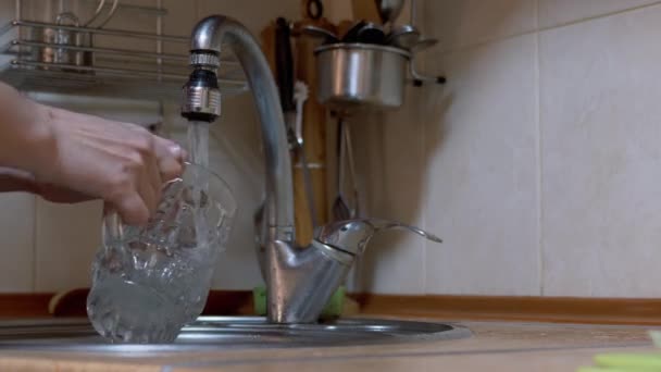 Las manos femeninas lavan platos, dos vasos de cerveza de cristal en el fregadero bajo el agua corriente — Vídeos de Stock