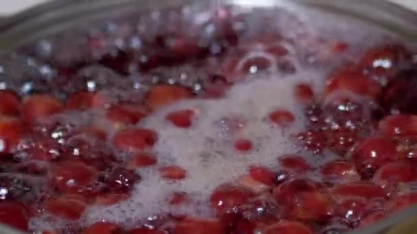 Compota de Vitamina Cozinhar de cerejas congeladas, amoras em casa Cozinha. Zoom — Vídeo de Stock