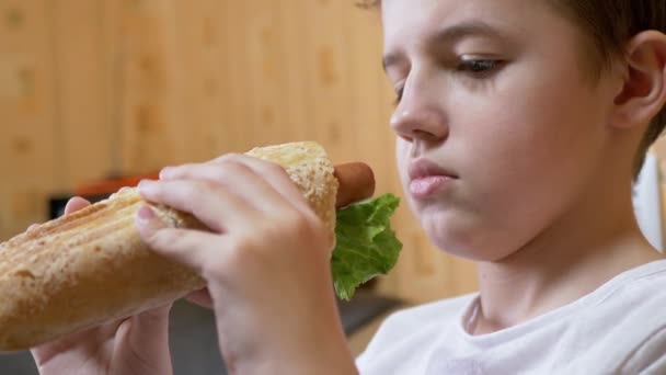 Ребенок отказывается есть нездоровый американский хот-дог с двумя сосисками. 4K — стоковое видео