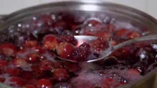 Koken Compote, Punch van bevroren kersen, bramen in Home Kitchen. Zoom — Stockvideo