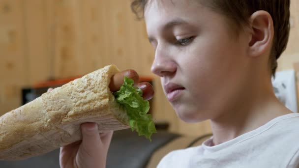 Дитина відмовляється їсти здорову американську хот-дог з двома ковбасками. 4-кілометровий — стокове відео