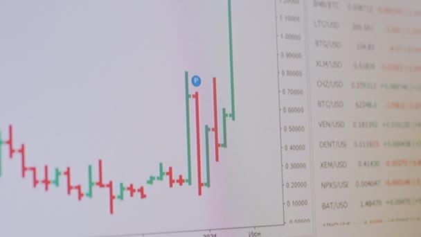 Börs, Cryptocurrency, Candles Graph btc, eth på en datorskärm. 4K — Stockvideo