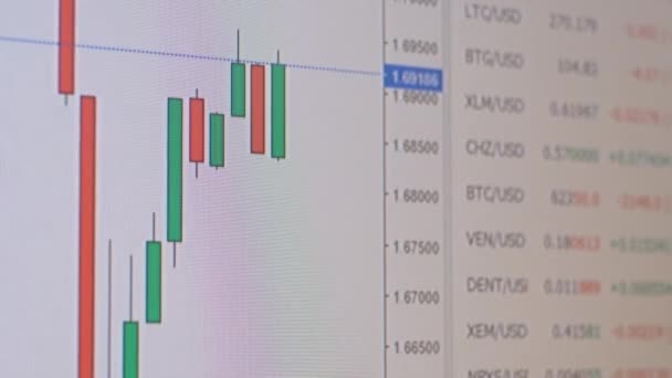 Börs, Cryptocurrency, Ljus Graph btc, eth på en datorskärm. — Stockvideo