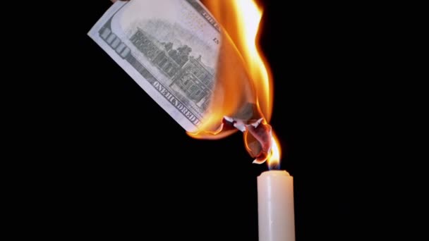 Spalování 100 dolarů Bill nad plamenem svíčky na černém pozadí — Stock video
