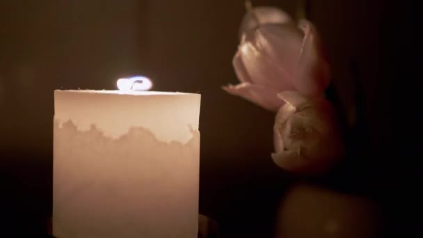 Kaars brandt met een witte, bewegende vlam op een tafel met twee tulpen en gaat uit — Stockvideo