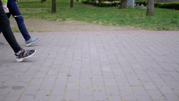 Pies de personas, transeúntes a pie sobre losas de pavimentación en el parque. Movimiento lento — Vídeos de Stock