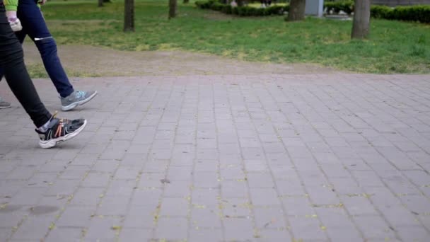 Voeten van mensen, voorbijgangers lopen op straatstenen in het park. Langzame beweging — Stockvideo