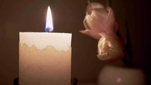 Vela queima com uma chama branca e móvel em uma mesa com duas tulipas e apaga — Vídeo de Stock