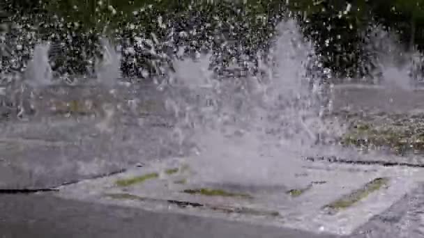 Městská fontána v parku. Proudy vody stoupají a klesají. — Stock video