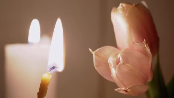 Was en kerk kaarsen branden met een vlam tegen een achtergrond van vervagende bloemen — Stockvideo