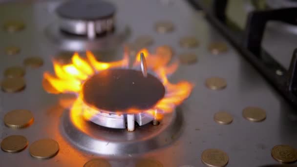 Érmék esnek gázégő, amely világít a kék láng a konyhában. 180 fps — Stock videók