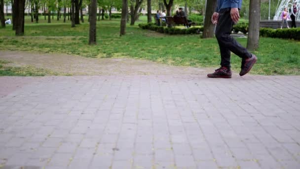 Füße von Menschen, Passanten gehen auf Pflasterplatten im Park. Zeitlupe — Stockvideo