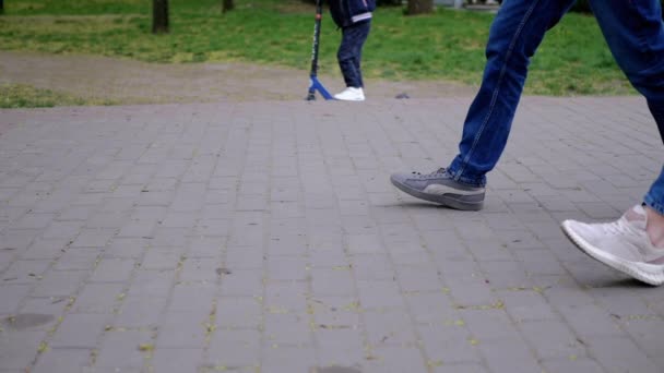 Füße von Menschen, Passanten gehen auf Pflasterplatten im Park. Zeitlupe — Stockvideo