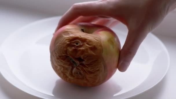 雌性手把三颗腐烂的苹果扔在盘子里。腐烂的烂水果。4K — 图库视频影像