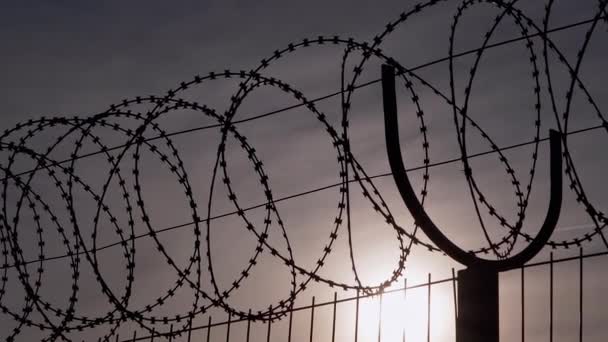 Il filo spinato pende sul confine di una recinzione di ferro sullo sfondo del tramonto. Zoom — Video Stock