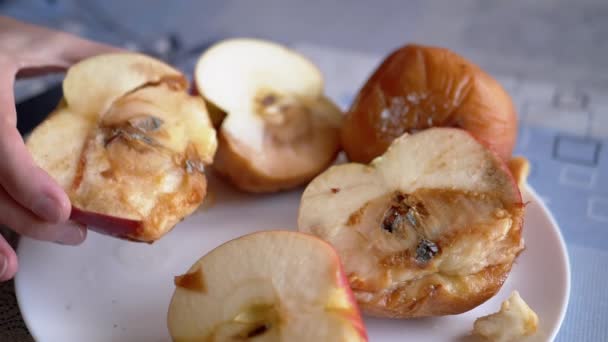 Woman Finger Points to Moldy Apples on a Plate. Cuts, Spoiled, Moldy Fruits — Stock Video