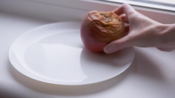 A női kéz három rohadt almát terít egy tányérra. Elkényeztetett, rohadt gyümölcsök. 4K — Stock videók