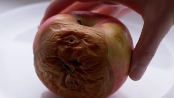 Vrouwelijke handen legt drie rotte appels op een plaat. Verwend, verrot fruit.. — Stockvideo