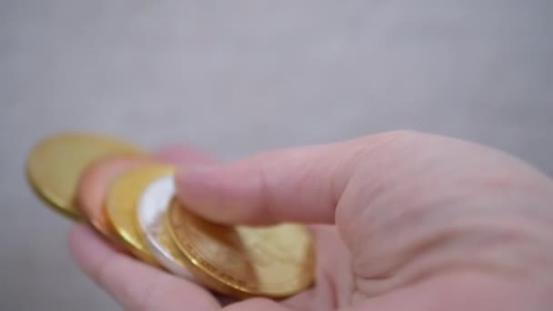 Person Holds Coins of Cryptocurrency, Bitcoin, Ethereum, Litecoinin in in Palm (dalam bahasa Inggris). 4K — Stok Video