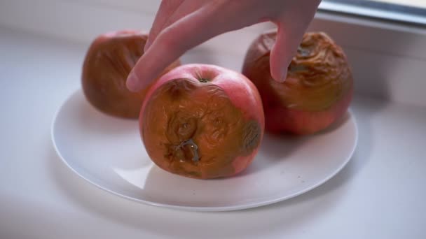 La mano femenina gira la manzana podrida en un plato. Frutas malcriadas y mohosas. Movimiento lento — Vídeos de Stock