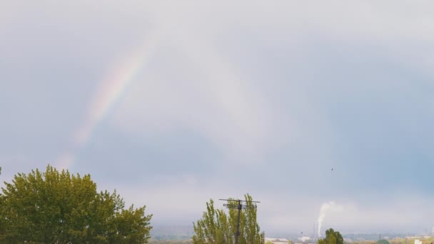 Erscheinen eines fantastischen hellen Regenbogens am Horizont durch graue Wolken am Himmel. 4K — Stockvideo