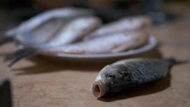 Fresh River Fish Crucian Carp encontra-se em prato e mesa. 4K — Vídeo de Stock