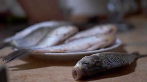 Färska rensade Crucian Carp Lies på en tallrik och bord. 4K — Stockvideo