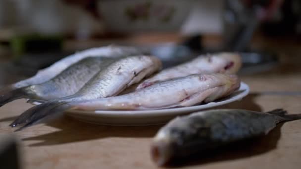 Fresh Gutted Crucian Carp Lies on a Plate and Table. 4K — Vídeo de Stock
