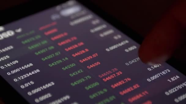 Bolsa de Valores, Precio de Criptomoneda, Cotizaciones, números en una pantalla de Smartphone — Vídeo de stock