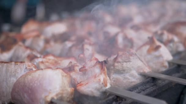 Cocinar jugosos y crujientes kebabs con humo en una brocheta de metal en la parrilla. Zoom: — Vídeo de stock