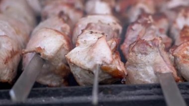 Sulu, çıtır kebap ve ızgarada dumanlı metal şiş. Büyüt