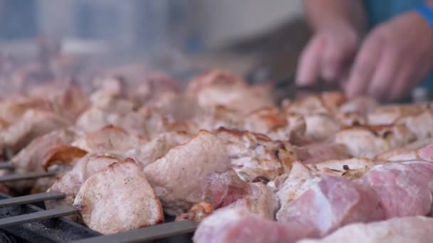 Готовить сочный кебаб из свинины на открытом гриле в фуд-корте на металлическом шампуре. Zoom — стоковое видео
