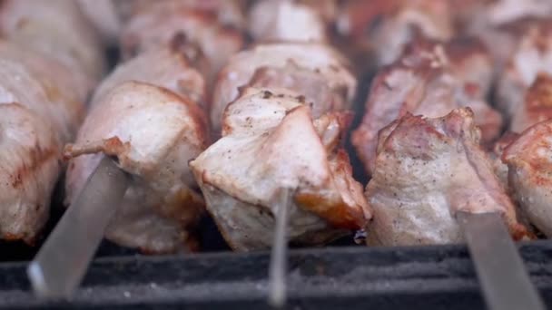 Cocinar jugosos y crujientes kebabs con humo en una brocheta de metal en la parrilla. Zoom: — Vídeo de stock