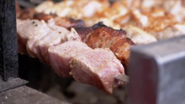 Kebab con humo en una brocheta de metal en una parrilla con carbón y fuego. 4K — Vídeo de stock