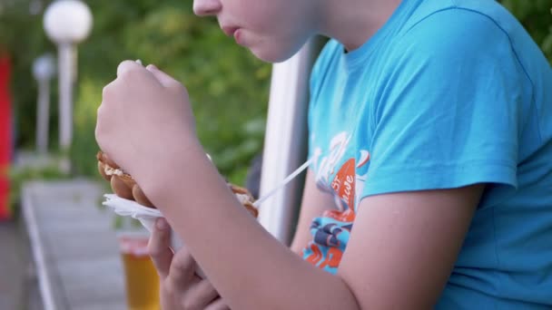 Niño se sienta en el banco, come helado cremoso en una taza de gofres, en un parque en la calle — Vídeos de Stock