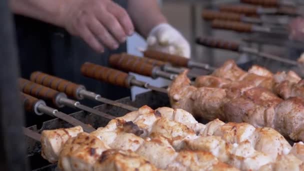 Vaření šťavnaté vepřové kebab na grilu v přírodě na kovové škrabce. 4K — Stock video