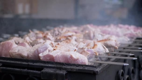 Cocinar jugosos y crujientes kebabs con humo en una brocheta de metal en la parrilla. 4K — Vídeos de Stock