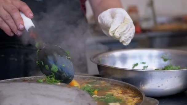 Street Chef prepara un stufato di verdure all'aperto in una padella di ghisa o Wok — Video Stock