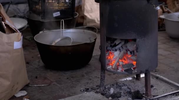 Estufa de leña de hierro fundido con carbón caliente para asar verduras. Zoom: — Vídeo de stock