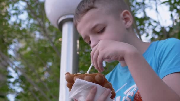 Niño se sienta en el banco, come helado cremoso en una taza de gofres, en un parque en la calle — Vídeos de Stock