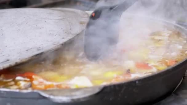Street Chef przygotowuje gulasz warzywny na zewnątrz w żeliwnej Skillet lub Wok — Wideo stockowe