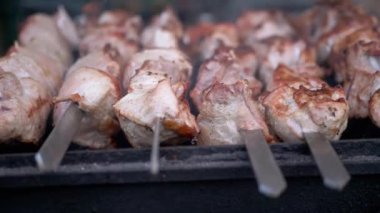 Sulu, çıtır kebap ve ızgarada dumanlı metal şiş. 4K