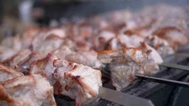 Готовить сочный кебаб из свинины на гриле на открытом воздухе на металлическом шампуре. 4K — стоковое видео