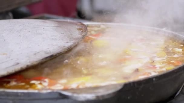 烤铁锅或锅中蔬菜炖菜的烹调 — 图库视频影像