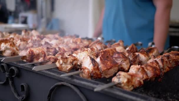 Cozinhar suculento, Kebabs crocantes com fumaça em um espeto de metal na grelha — Vídeo de Stock